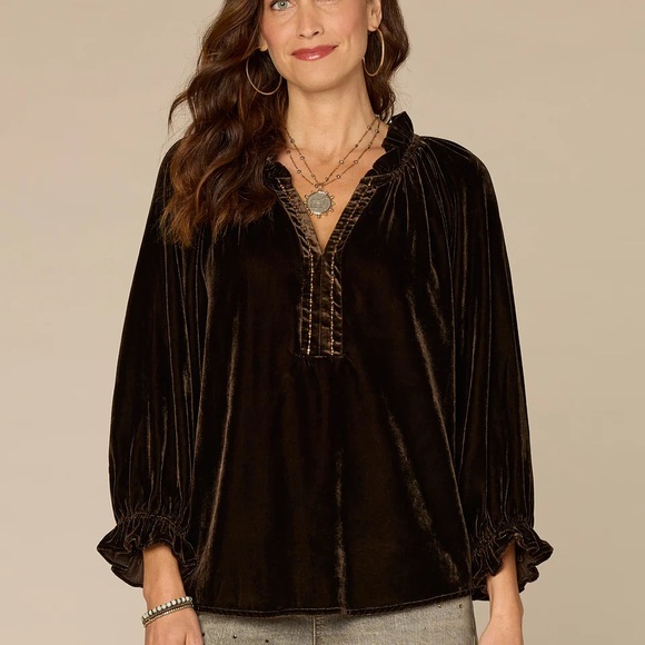 Democracy Tops - Three Quarter Blouson Sleeve Ruffle V-Neck Embroidered Woven Top